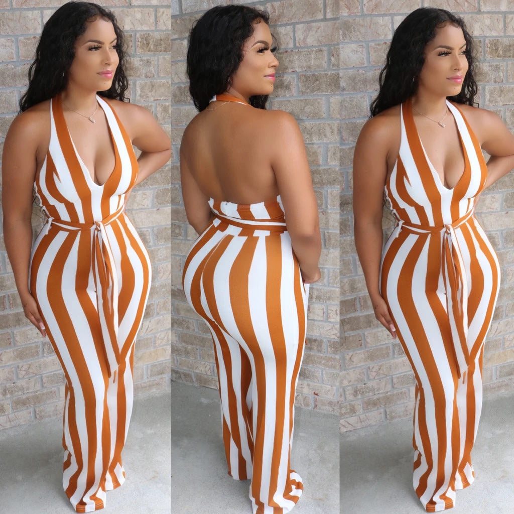 Halter Back Striped Flared Jumpsuit With Belt