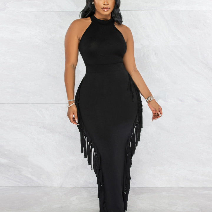 Halter Solid Color Tassel Dress Two-piece Set