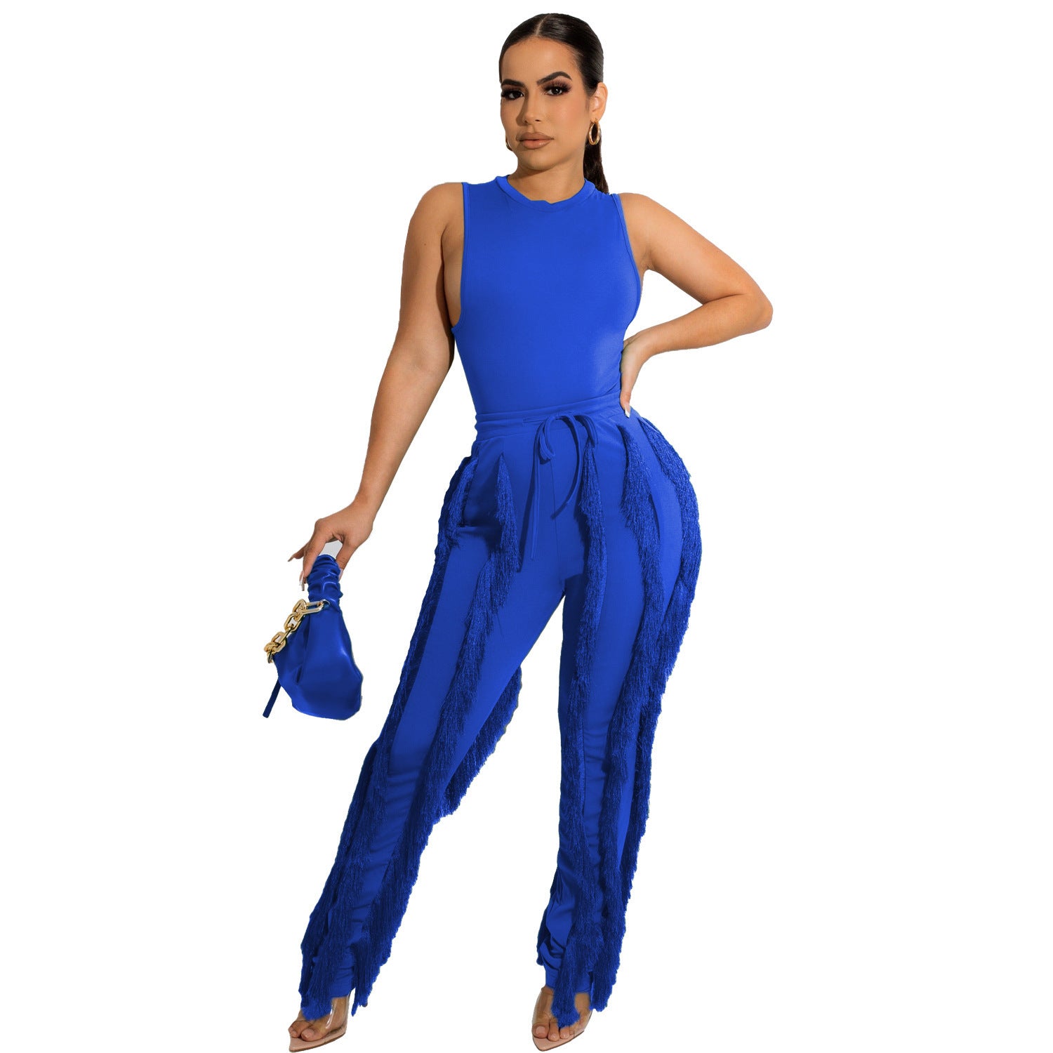 Casual Crew Neck Sleeveless Fringed Lace Lace-up Trousers Two-piece Set