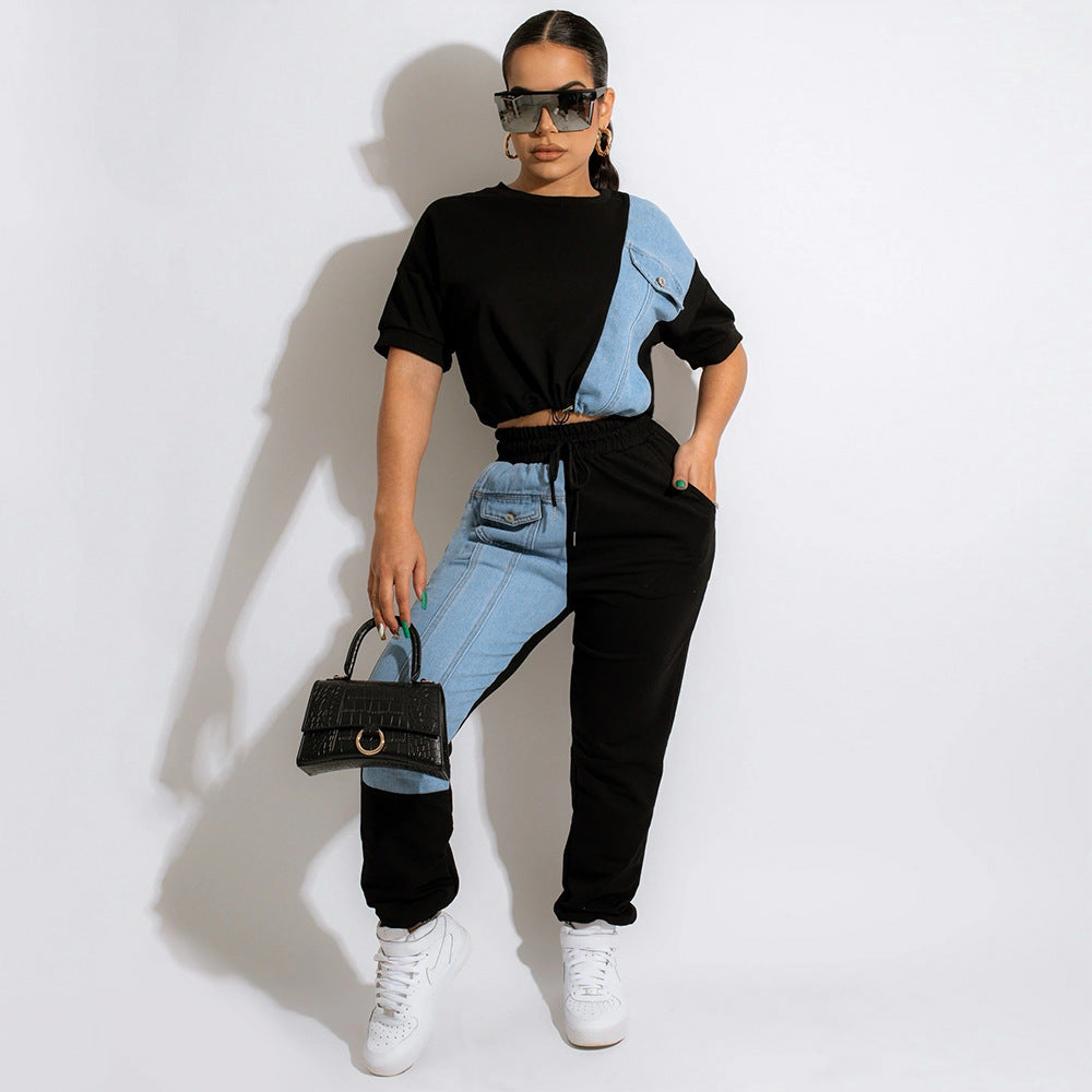 Casual Denim Stitching Tops Pants Suit Female Two-piece