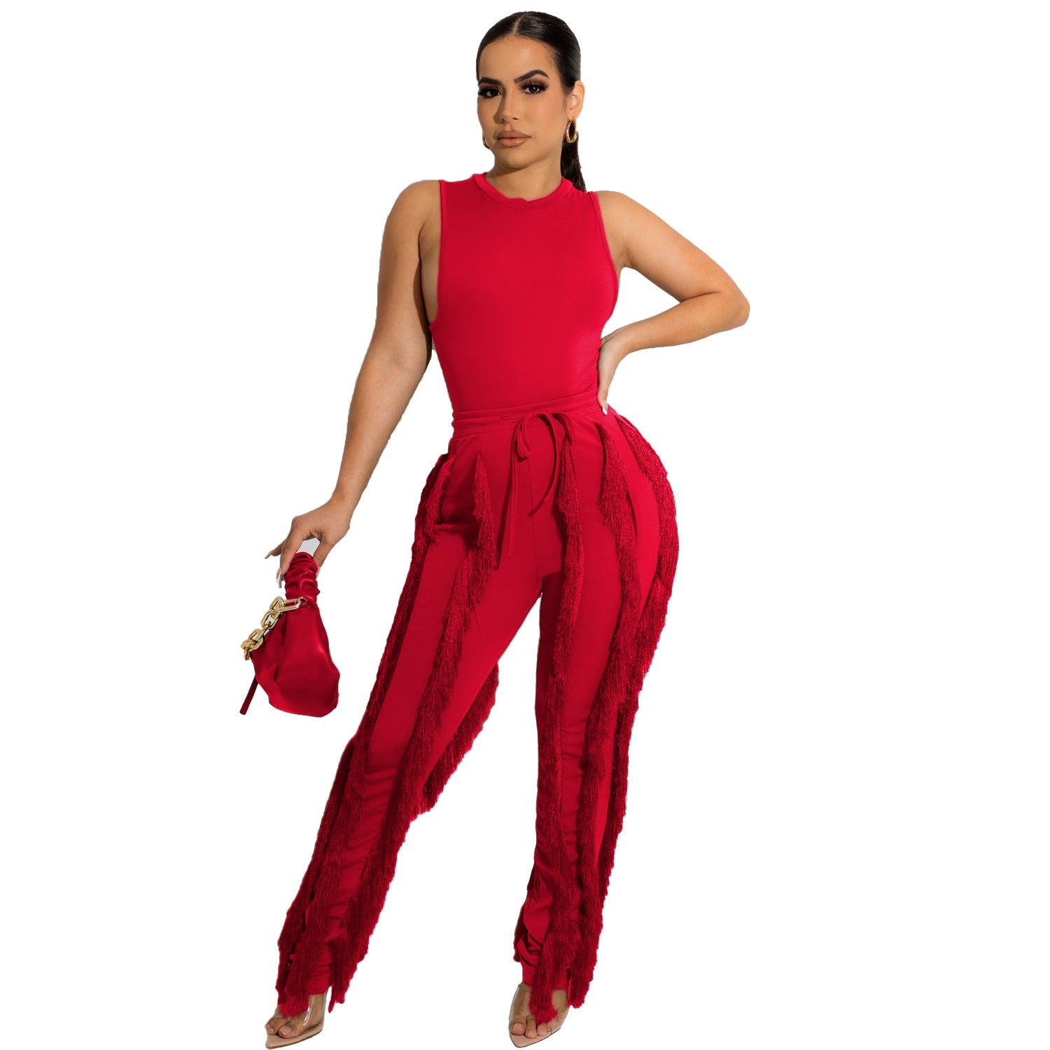 Casual Crew Neck Sleeveless Fringed Lace Lace-up Trousers Two-piece Set