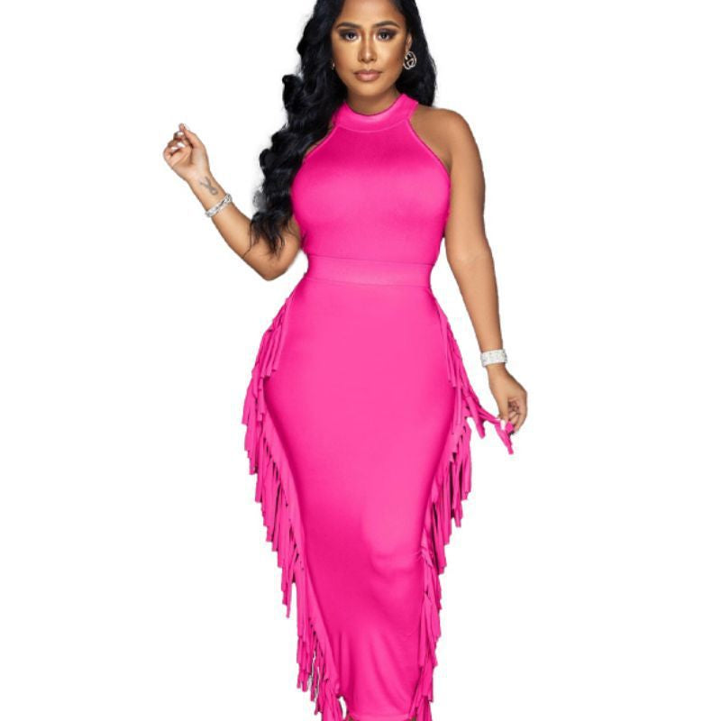 Halter Solid Color Tassel Dress Two-piece Set