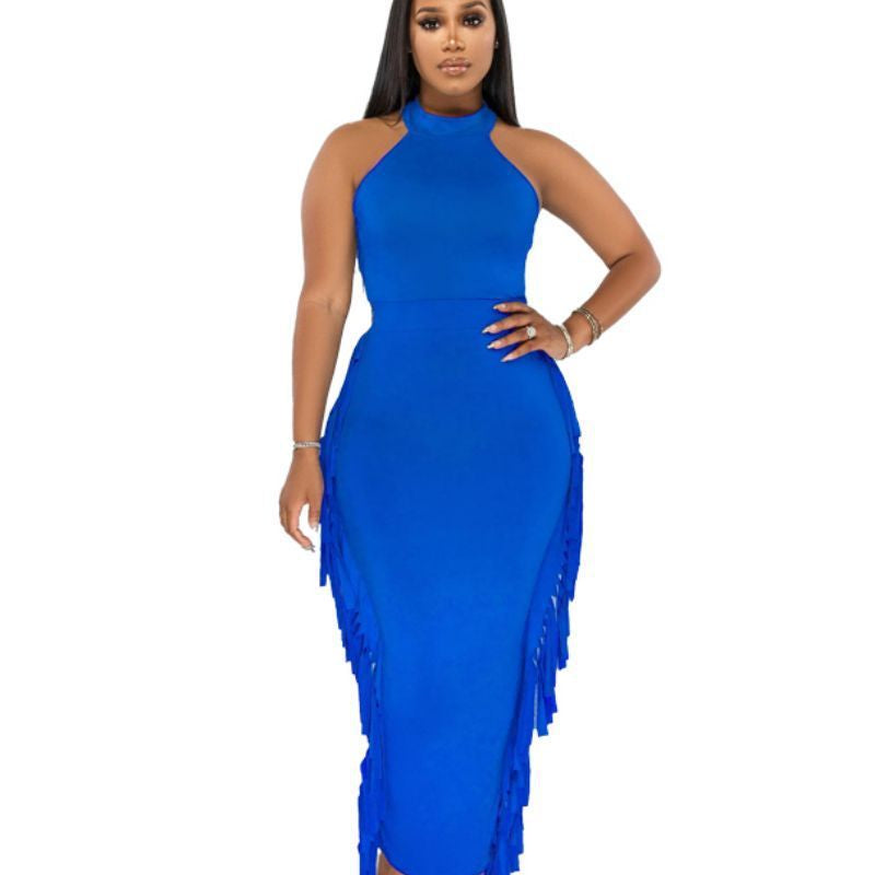 Halter Solid Color Tassel Dress Two-piece Set