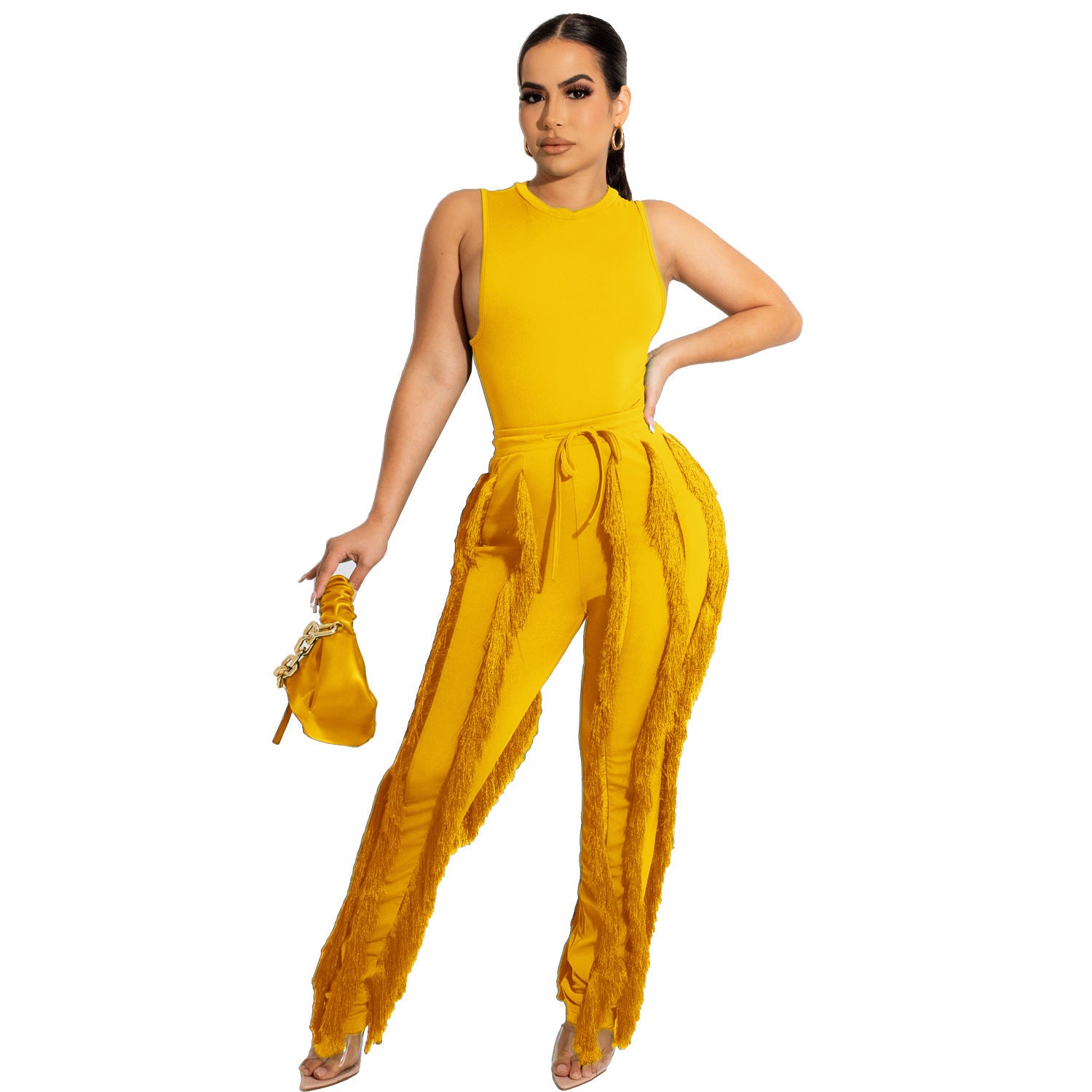 Casual Crew Neck Sleeveless Fringed Lace Lace-up Trousers Two-piece Set