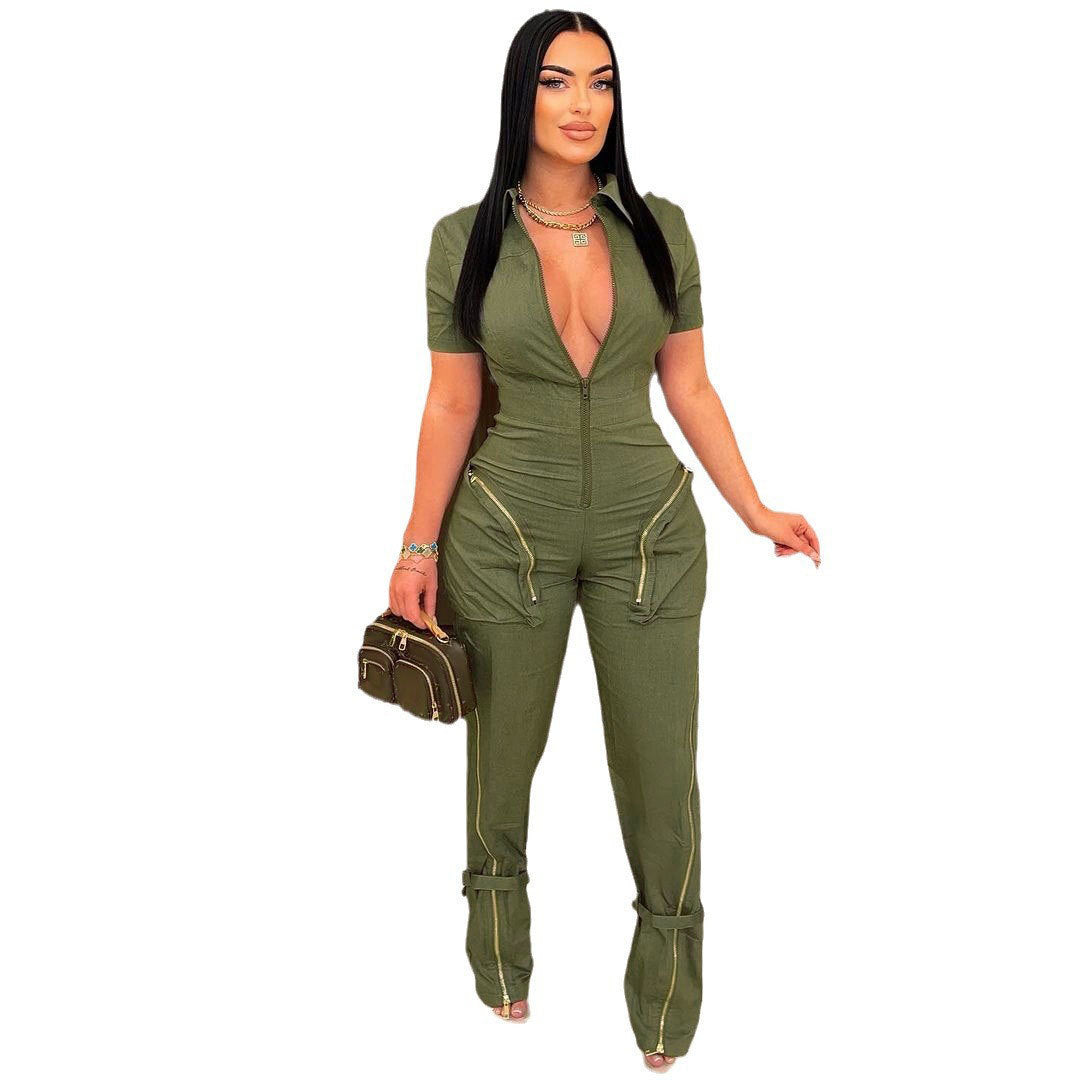 Summer Zipper Workwear With Pocket Jumpsuit